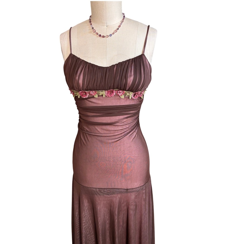 Y2K CityTriangles Embroidered Ruched Mesh Mermaid Maxi Dress S Brown Pink - Picture 3 of 10
